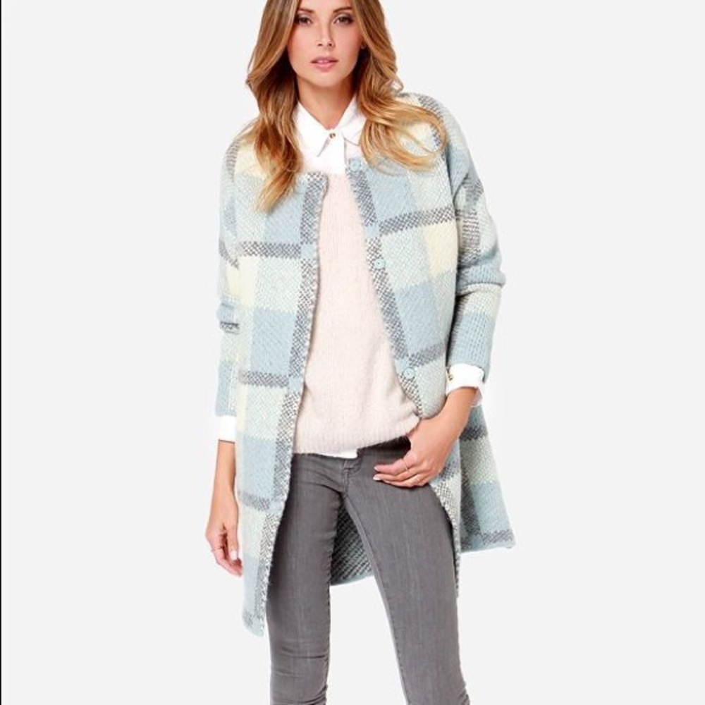 JOA FELT WITH YOU LIGHT BLUE PLAID SWEATER JACKET